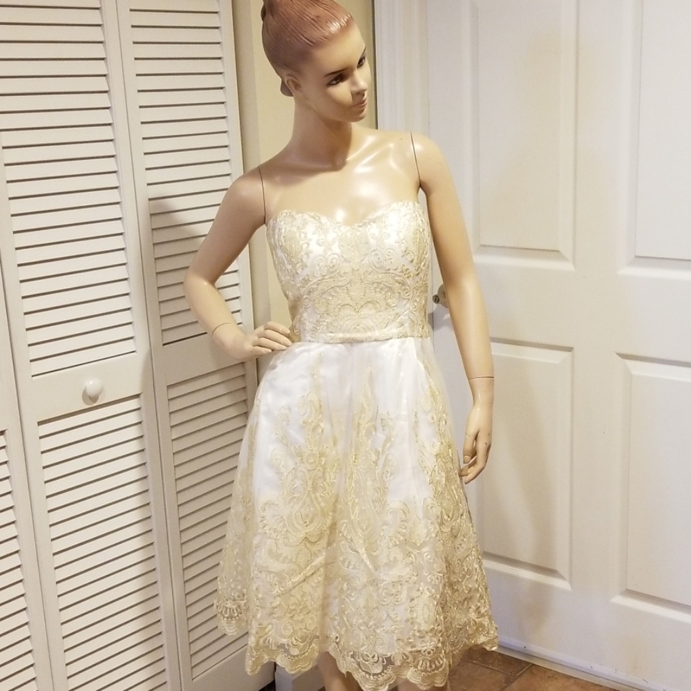 Liza Luxe White & Gold Strapless Dress Formal LQQK
